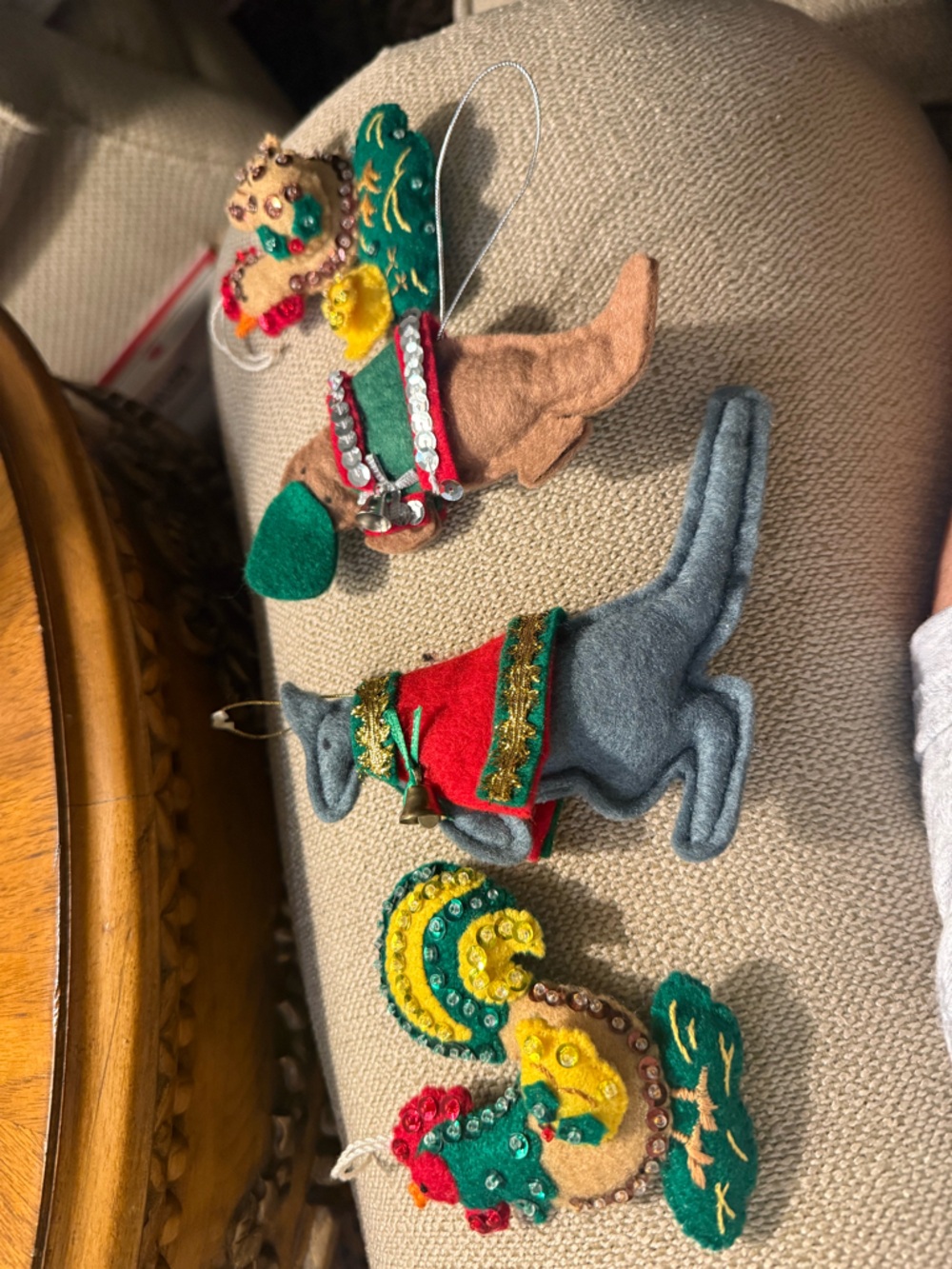 VTG Felt Sequined Ornament Double Sided.  Kangaroo, platypus, rooster, chicken.